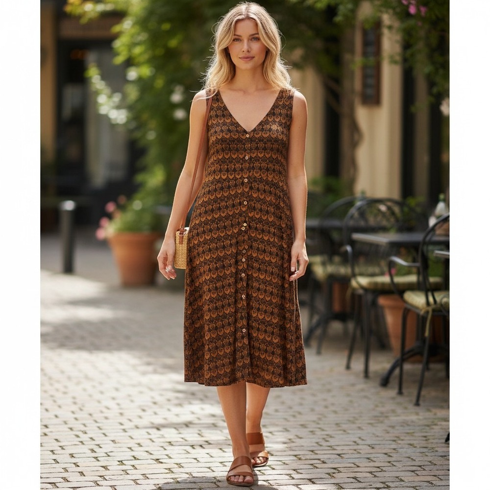 Garnet Hill Womens XL Brown Black Damask Print Tencel Sleeveless Button Dress